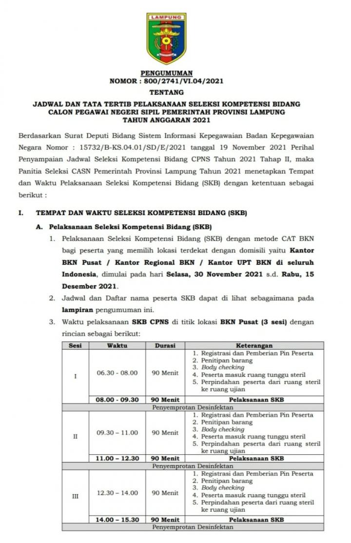 Simak! Jadwal Tes SKB CPNS BKN 2021 di Lingkungan Pemerintah Provinsi Lampung